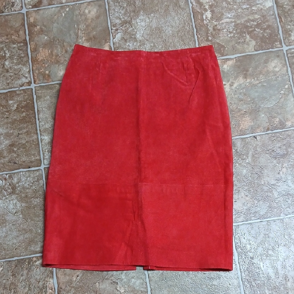 EUC West Bay Elegant 100% Leather Red Suede Midi Skirt Size 12